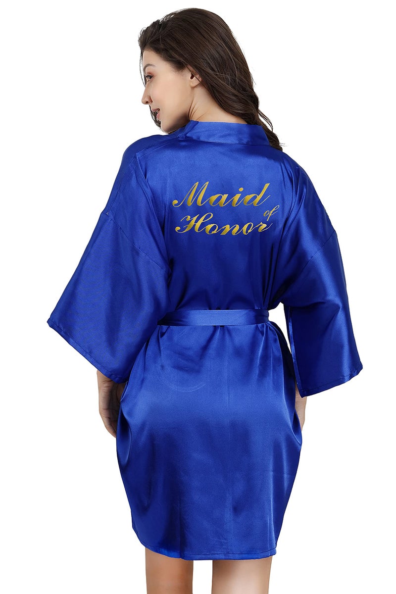 EPLAZA Bride Bridesmaid Robes for Wedding Bridal Party Women Short Solid Color Silky Satin Robe Kimono with Gold Glitters (Sapphire, Maid of Honor) - Image 1